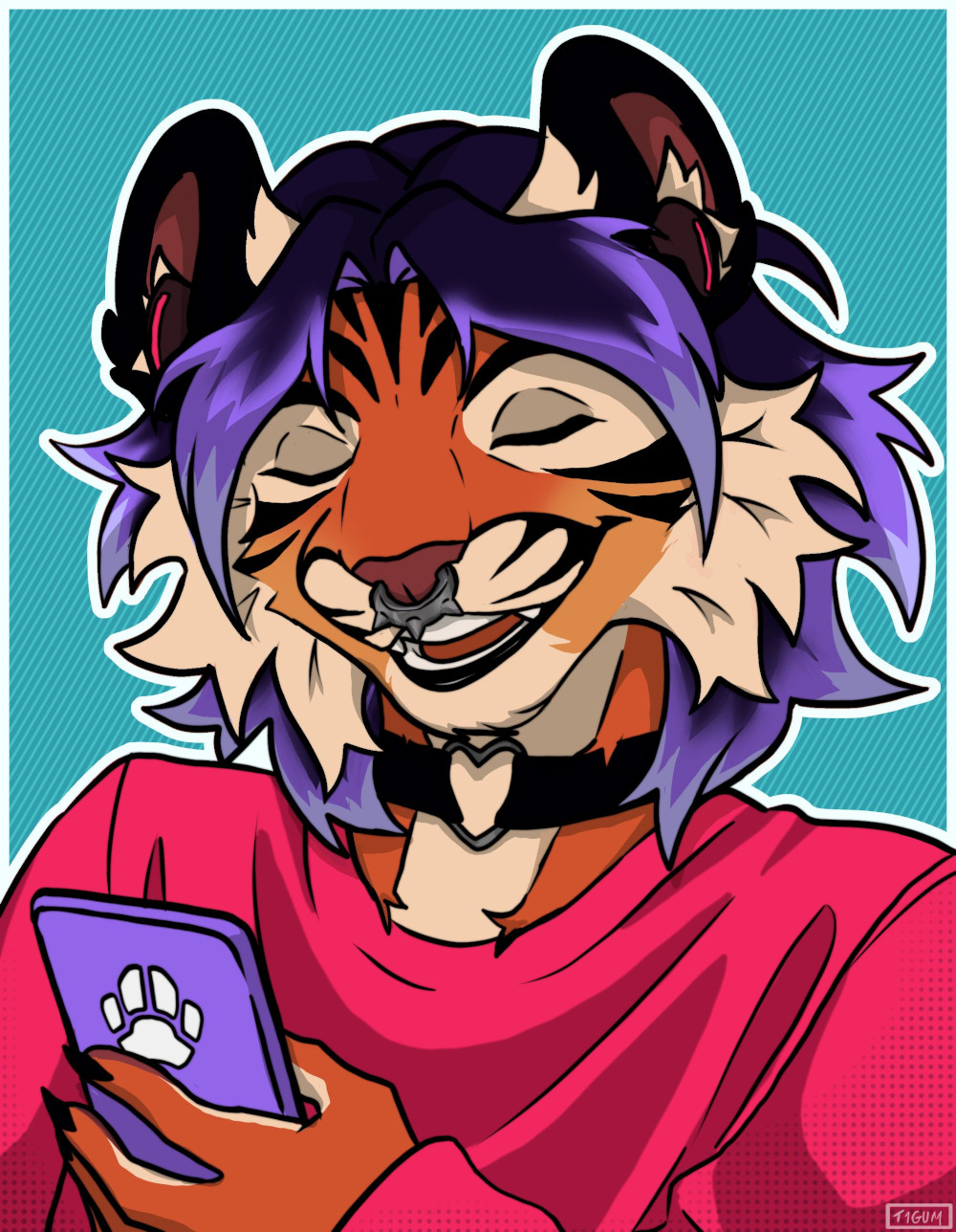 An anthropomorphic tiger listening to music. Art by t1gum on twitter